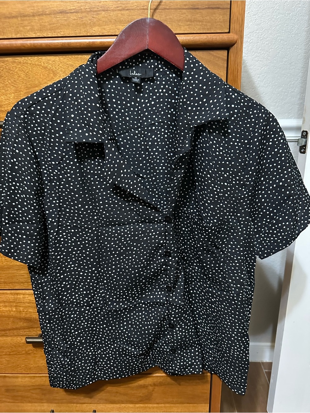 Lulu's Black Short-Sleeve Button-Up Polka Dot Blouse